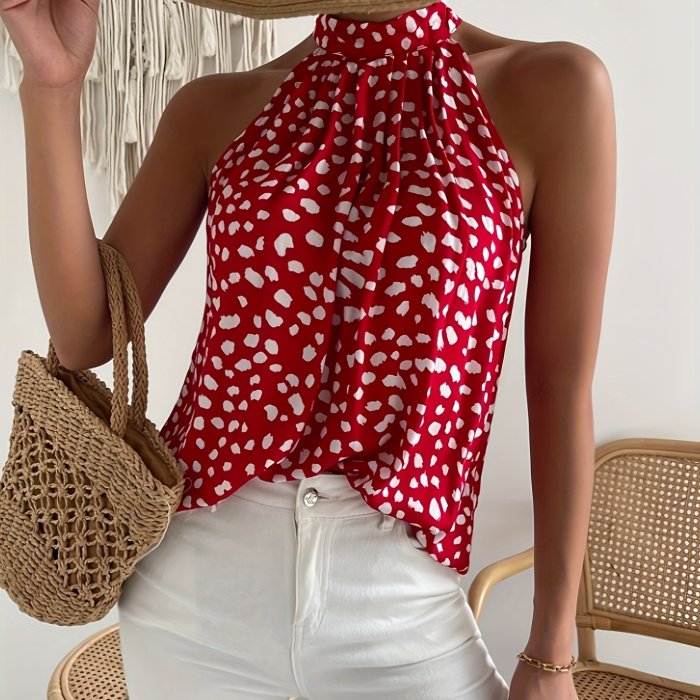 Sleeveless Choker Neck Blouse Allover Print Choker Neck Blouse, Casual Sleeveless Blouse For Spring & Summer, Women's Clothing
