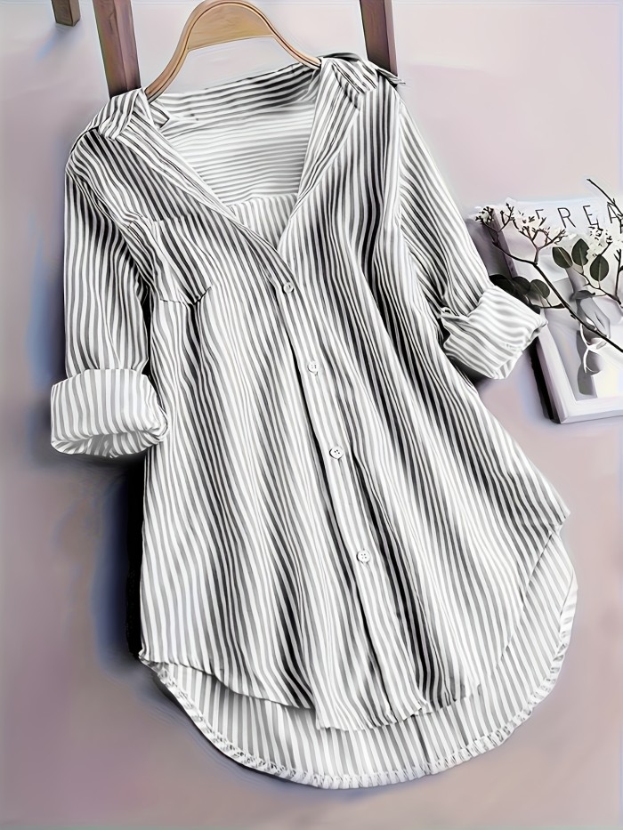 Stripe Print Button Front Blouse, Casual Long Sleeve Blouse For Spring & Fall, Women's Clothing