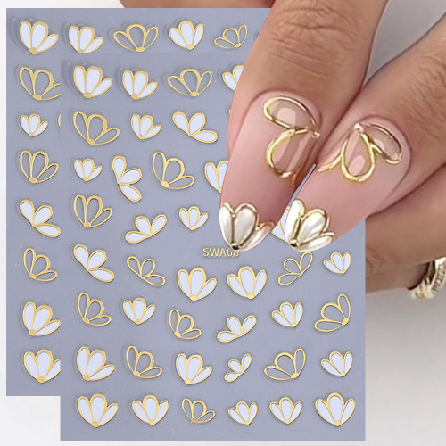 2 Pack Self-Adhesive Nail Art Decals with Golden Edging, Elegant Petal Design, Fantasy Theme, 3D Glitter Nail Embellishments for DIY, Shimmery Finish, Plastic, Unscented, Single Use, for Plastic Surfaces - Rectangle Floral Pattern