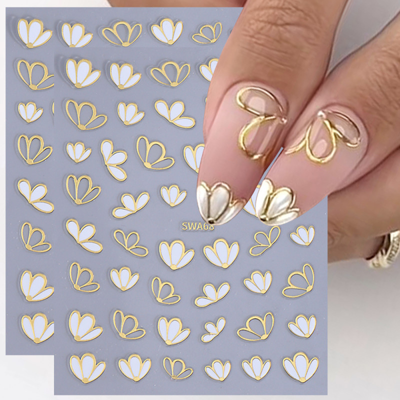 2 Pack Self-Adhesive Nail Art Decals with Golden Edging, Elegant Petal Design, Fantasy Theme, 3D Glitter Nail Embellishments for DIY, Shimmery Finish, Plastic, Unscented, Single Use, for Plastic Surfaces - Rectangle Floral Pattern
