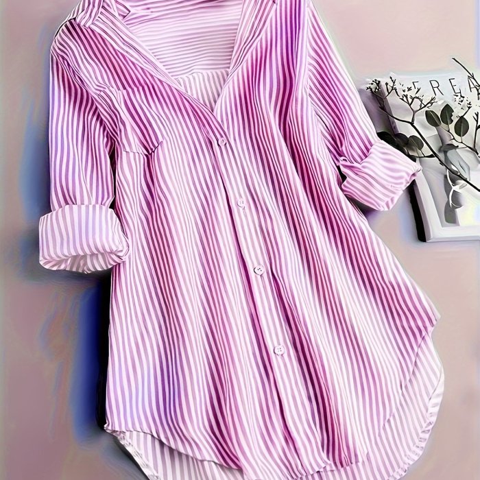 Stripe Print Button Front Blouse, Casual Long Sleeve Blouse For Spring & Fall, Women's Clothing