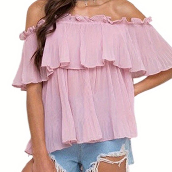 Women'S Off Shoulder Top Elegant Ruffle Short Sleeve Chiffon Blouse Tops Fashion Casual Loose Shirts