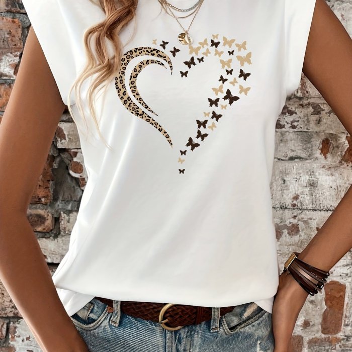 Print T-Shirt For Spring Heart & Butterfly Print T-Shirt, Casual Crew Neck Cap Sleeve T-Shirt For Spring & Summer, Women's Clothing