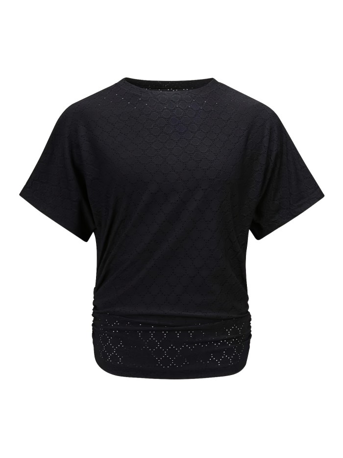 Elegant Blouse Lightweight Polyester Women's Elegant Solid Color Blouse - Casual Textured Batwing Sleeves, Ruched Detail, Perfect for Spring\u002FSummer