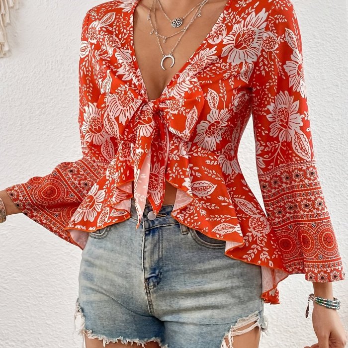 Women's Boho Floral Print Blouse - Soft, Comfortable Long Sleeve V-Neck Top with Tie Front Detail, Perfect for Beach Vacations and Casual Outfits