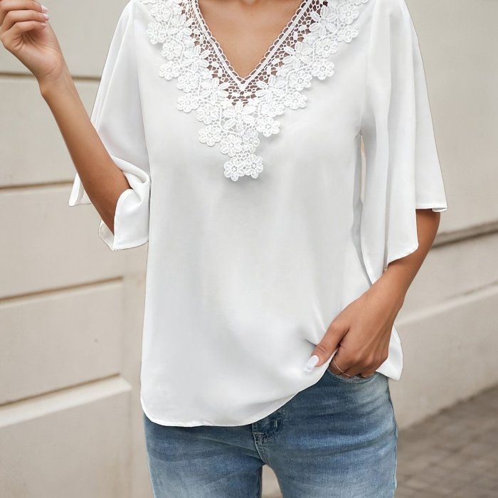 1pc Women's V-Neck Lace Trim Flared Sleeve Blouse - Lightweight Breathable Summer Top, Regular Fit White Shirt for Office, Dating & Casual Outfits, Office Wear | Nontransparent Fabric