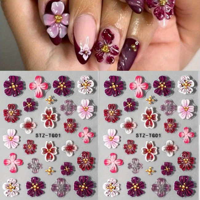 5D Embossed Pink & Purple Fairy Orchid Nail Art Stickers - Colorful Transparent Floral Decals with Engraved Petals, Self-Adhesive Sliders for DIY Manicure