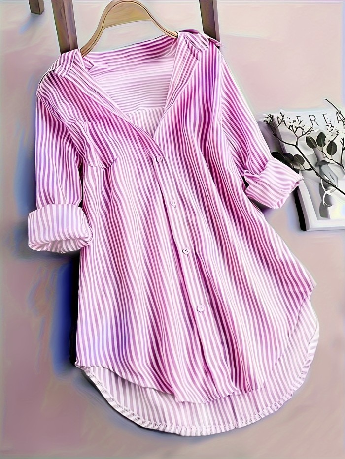 Stripe Print Button Front Blouse, Casual Long Sleeve Blouse For Spring & Fall, Women's Clothing