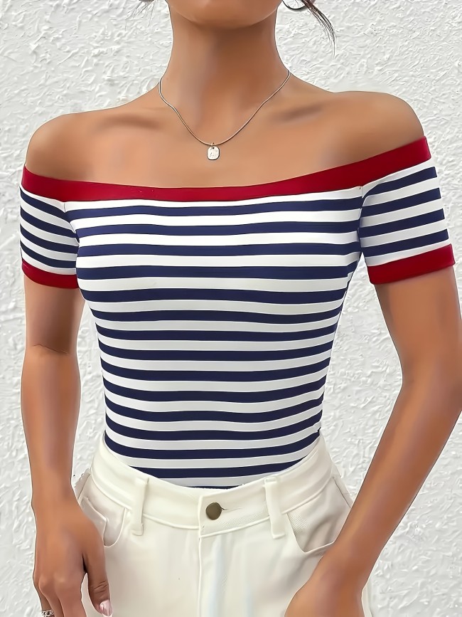Chic Off-Shoulder Striped Top for Women - Navy & Red Stripes, Short Sleeve, Stretchy Polyester Blend, Sexy Summer Style, Machine Washable, Casual Wear | Sexy Summer Top | Comfortable Fit