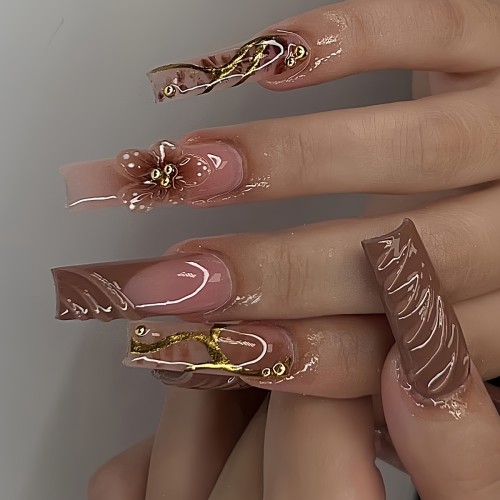 24pcs Fashionable Press-On Nails Set - Mixed Brown Tones, Golden Stripes, 3D Accents, Glossy French Tip, Includes Nail File & Jelly Glue