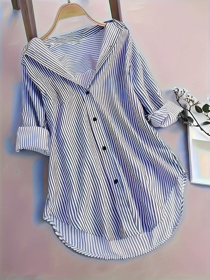 Stripe Print Button Front Blouse, Casual Long Sleeve Blouse For Spring & Fall, Women's Clothing