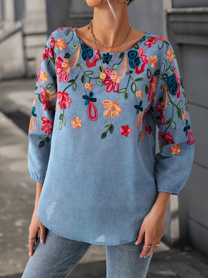Long Sleeve Elegant Floral Blouse Elegant Embroidered Floral Blouse - Polyester & Rayon, Crew Neck, Long Sleeve, Non-Sheer - Perfect for All Seasons
