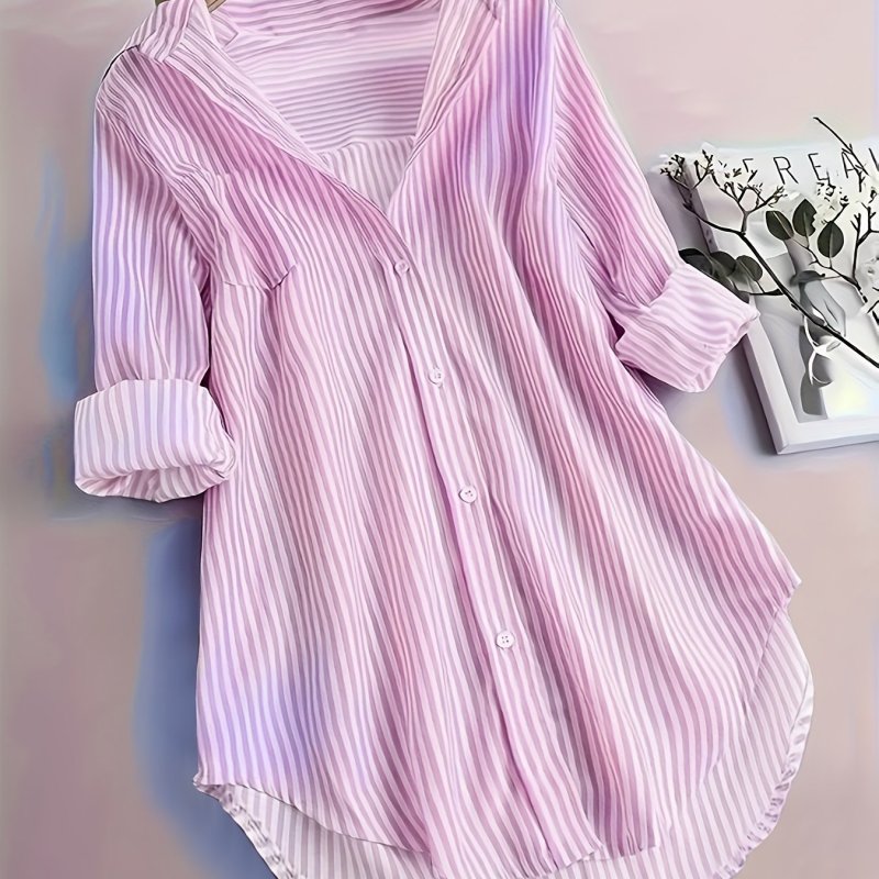 Stripe Print Button Front Blouse, Casual Long Sleeve Blouse For Spring & Fall, Women's Clothing