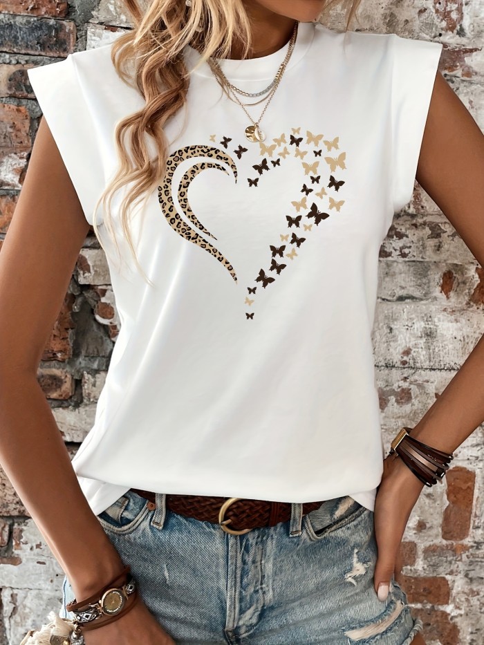 Print T-Shirt For Spring Heart & Butterfly Print T-Shirt, Casual Crew Neck Cap Sleeve T-Shirt For Spring & Summer, Women's Clothing