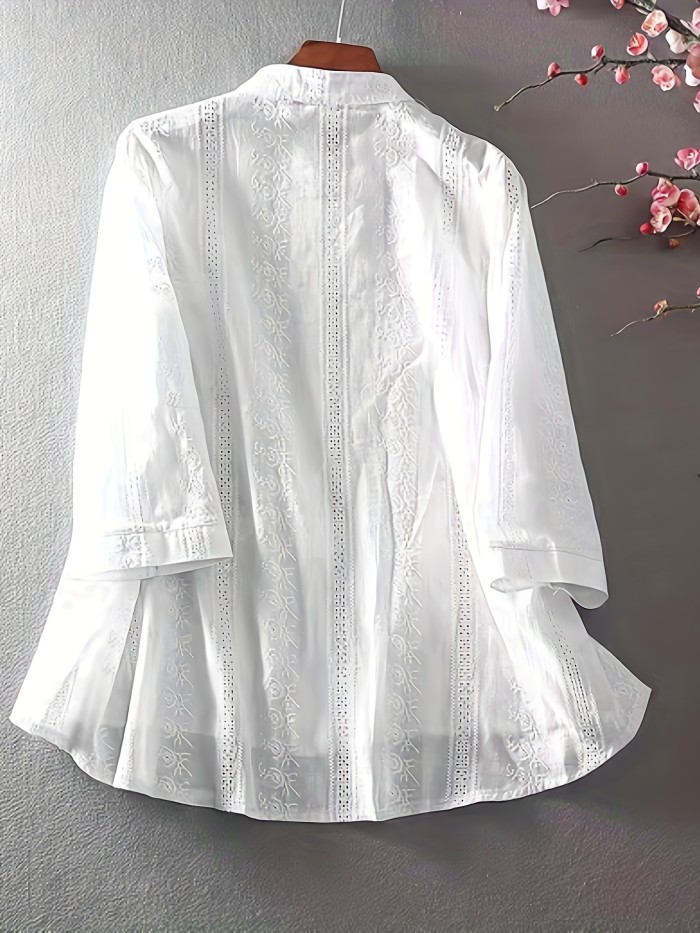 Elegant Floral Blouse for Women - Sheer White, Round Neck, Ruffled Cuffs | Perfect for Spring & Summer, Feminine Style