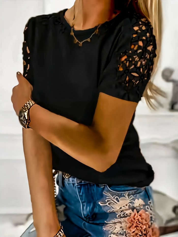 Solid Lace Stitching Crew Neck T-Shirt, Elegant Short Sleeve T-Shirt For Spring & Summer, Women's Clothing