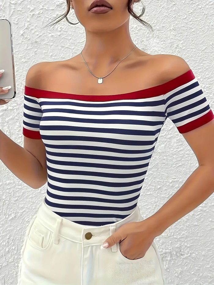 Chic Off-Shoulder Striped Top for Women - Navy & Red Stripes, Short Sleeve, Stretchy Polyester Blend, Sexy Summer Style, Machine Washable, Casual Wear | Sexy Summer Top | Comfortable Fit