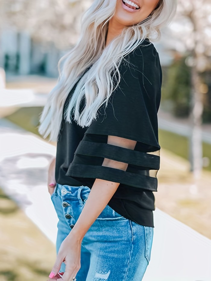New Women Plus Size Loose V Neck Tops Ladies Mesh Stitching 3\u002F4 Sleeve Casual Holiday Blouse Shirt Female Blusas Tunic Shirts Tops