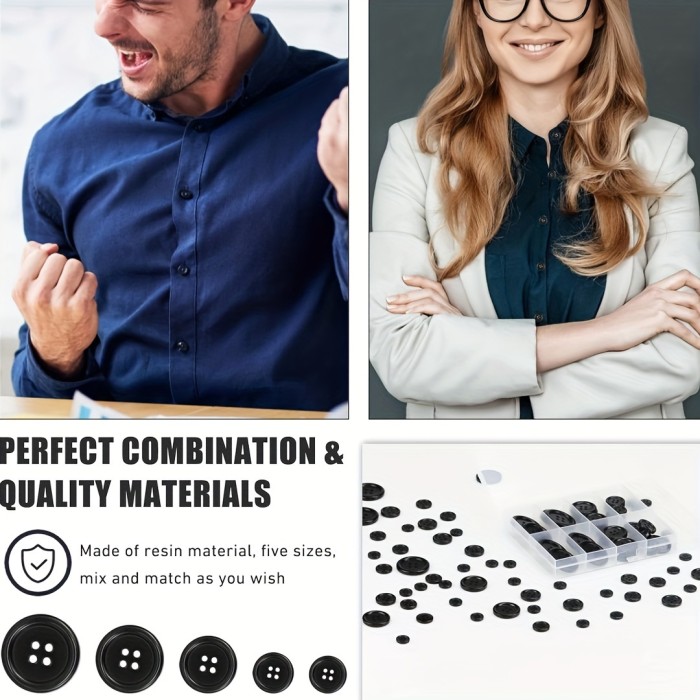 100pcs Versatile Black Resin Craft Buttons - 4-Hole, 5 Sizes, Durable & Easy-to-Use for DIY Projects, Sewing, and Holiday Decorations - Smooth Finish, Heat Resistant