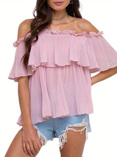 Women'S Off Shoulder Top Elegant Ruffle Short Sleeve Chiffon Blouse Tops Fashion Casual Loose Shirts
