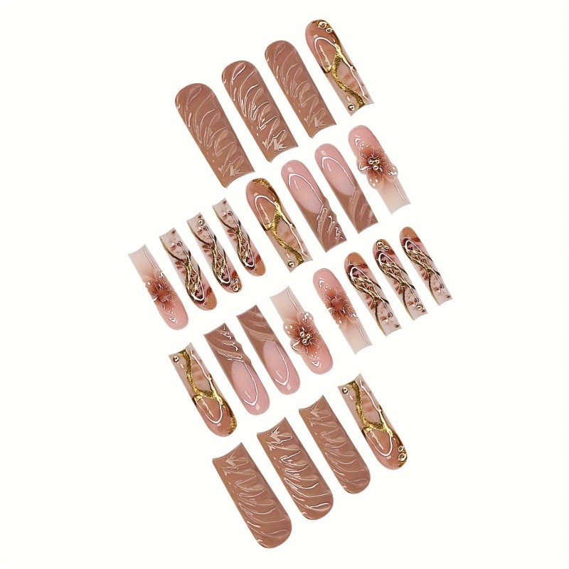 A Set of 24 Teardrop-Shaped False Nails, Luxurious And Shining, Gilded, Fragrant, Flowery And Moist Ripples, Suitable for All Women And Girls, Nail Polish And Jelly Glue Are Included in The Box, Easy to Stick And Wear