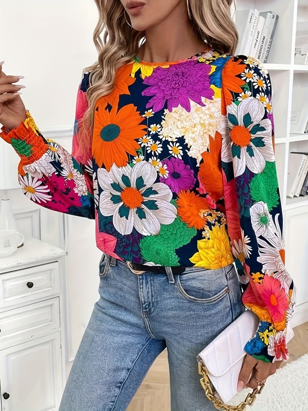 Elegant Floral Print Long Sleeve Blouse for Women - 100% Polyester Crew Neck Top with Knotted Details, Woven Regular Fit Shirt for Weekend Casual - Spring\u002FSummer\u002FFall Collection - For Women - Perfect for Casual Outings, Work, or Date Nights - Ideal Gift for Her