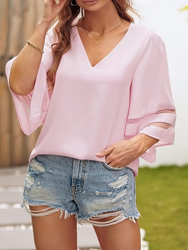 New Women Plus Size Loose V Neck Tops Ladies Mesh Stitching 3\u002F4 Sleeve Casual Holiday Blouse Shirt Female Blusas Tunic Shirts Tops