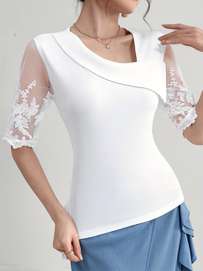 Women's Elegant White T-Shirt - Asymmetrical Neckline, Floral Lace, Sheer Sleeve, High Stretch Polyester Blend for Spring\u002FFall Fashion