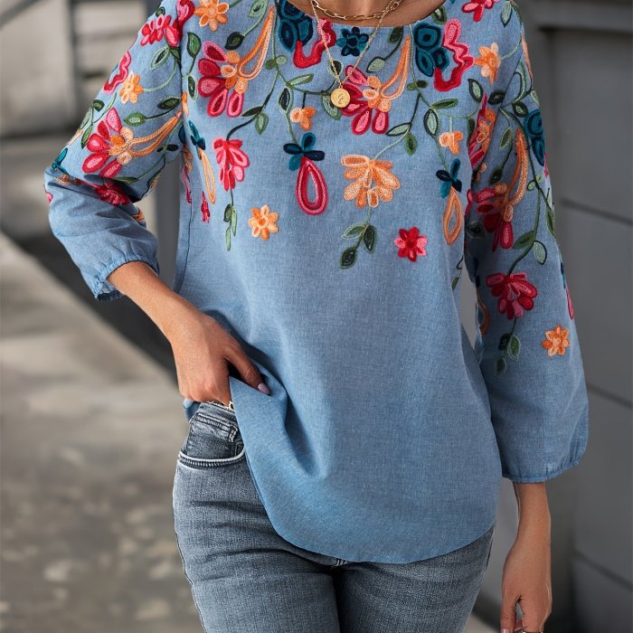 Long Sleeve Elegant Floral Blouse Elegant Embroidered Floral Blouse - Polyester & Rayon, Crew Neck, Long Sleeve, Non-Sheer - Perfect for All Seasons