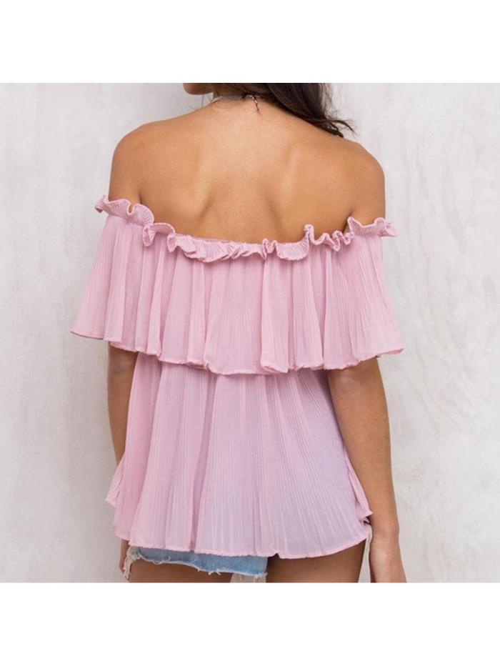 Women'S Off Shoulder Top Elegant Ruffle Short Sleeve Chiffon Blouse Tops Fashion Casual Loose Shirts