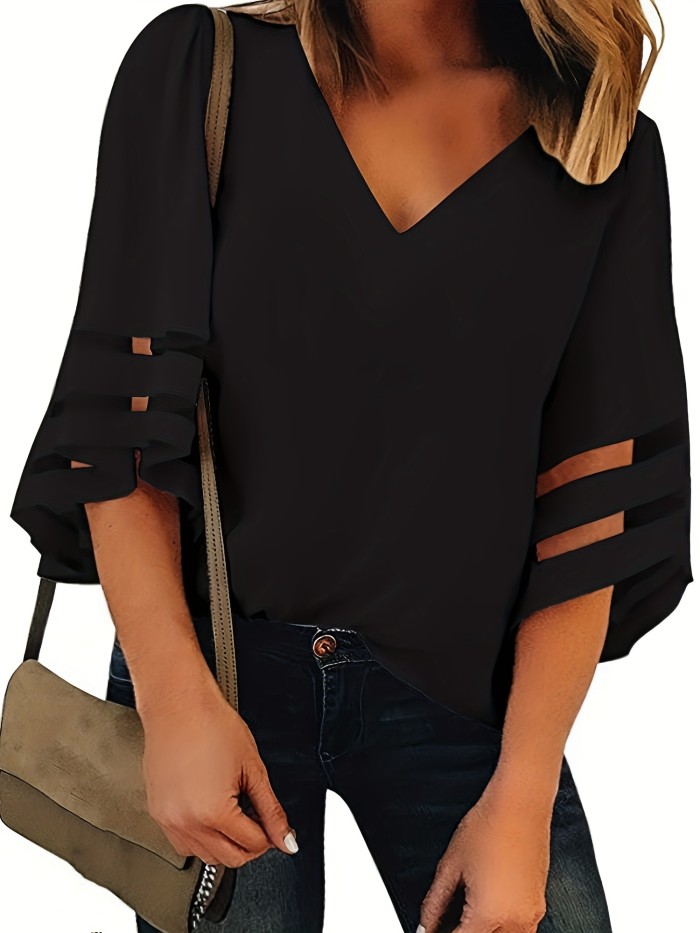 New Women Plus Size Loose V Neck Tops Ladies Mesh Stitching 3\u002F4 Sleeve Casual Holiday Blouse Shirt Female Blusas Tunic Shirts Tops