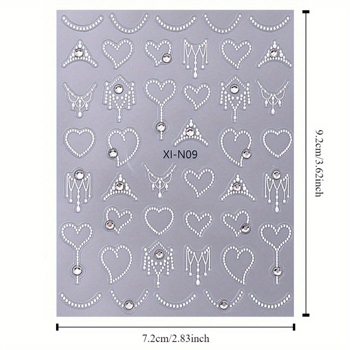2pcs 3D Heart Chain Rhinestones and Pearls Nail Stickers White Elegant Lace Necklace Crown French Stripe Line Gem Jewelry Design DIY Fashion Self-Adhesive Gel Polish Decal Sliders Nail Art Decoration - Glossy Finish, French Manicure Pattern, Unscented, Fantasy and Love Theme, Single Use, Rhinestone Embellishment, Plastic Material, Self-Adhesive Mounting