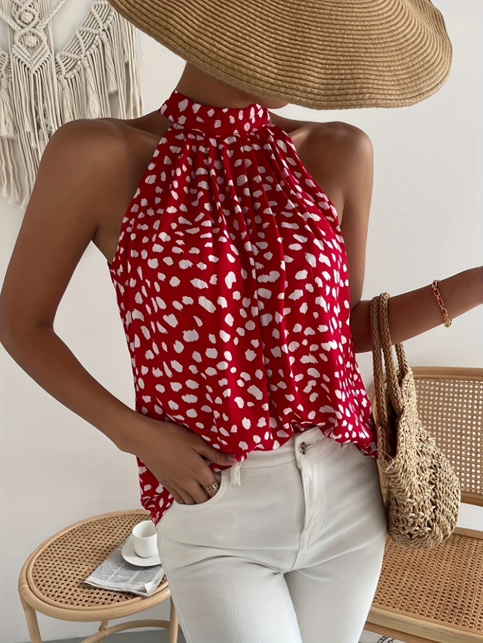 Sleeveless Choker Neck Blouse Allover Print Choker Neck Blouse, Casual Sleeveless Blouse For Spring & Summer, Women's Clothing
