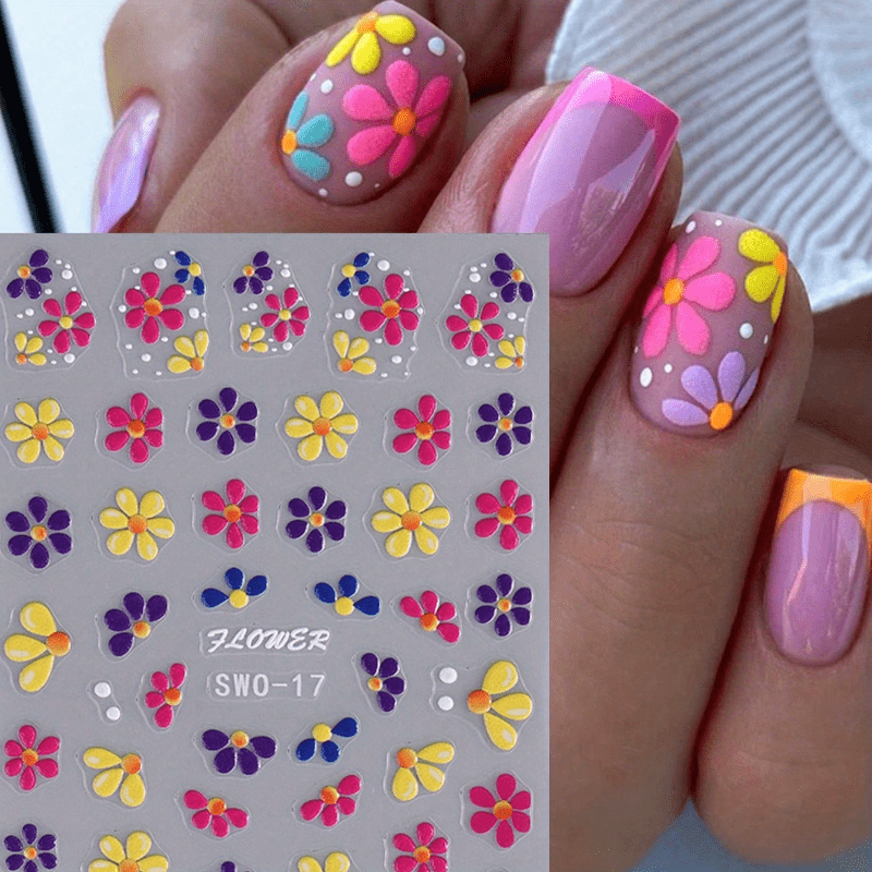 Colorful 5D Embossed Flower Nail Stickers, Semi-Glossy Irregular Fantasy Floral Nail Art Decals, Single Use DIY Self-Adhesive Summer Manicure Decor, Plastic Unscented Embroidered Sliders - 1 Sheet