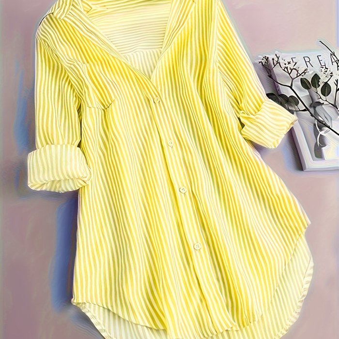 Stripe Print Button Front Blouse, Casual Long Sleeve Blouse For Spring & Fall, Women's Clothing
