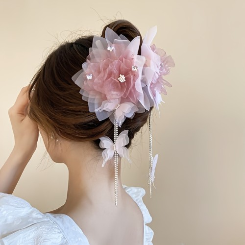 1pc Elegant Acrylic Flower Hair Claw with Rhinestone Butterfly Tassel, Sweet Style Mesh Hair Accessory, Single Piece, Middle Size, Color Matching Design