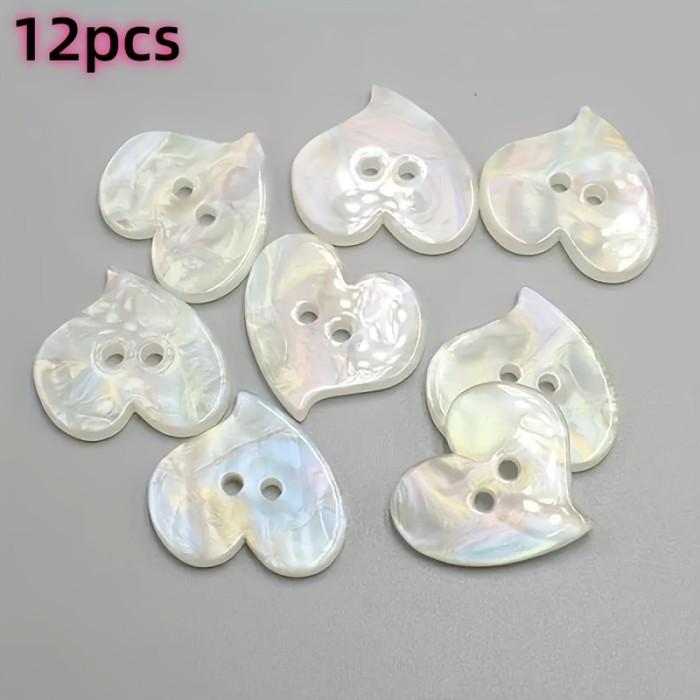 12pcs Iridescent Heart-Shaped Buttons - Double Hole, White Resin, Glossy Finish | Perfect for DIY Crafts, Sewing Supplies & Clothing Decorations