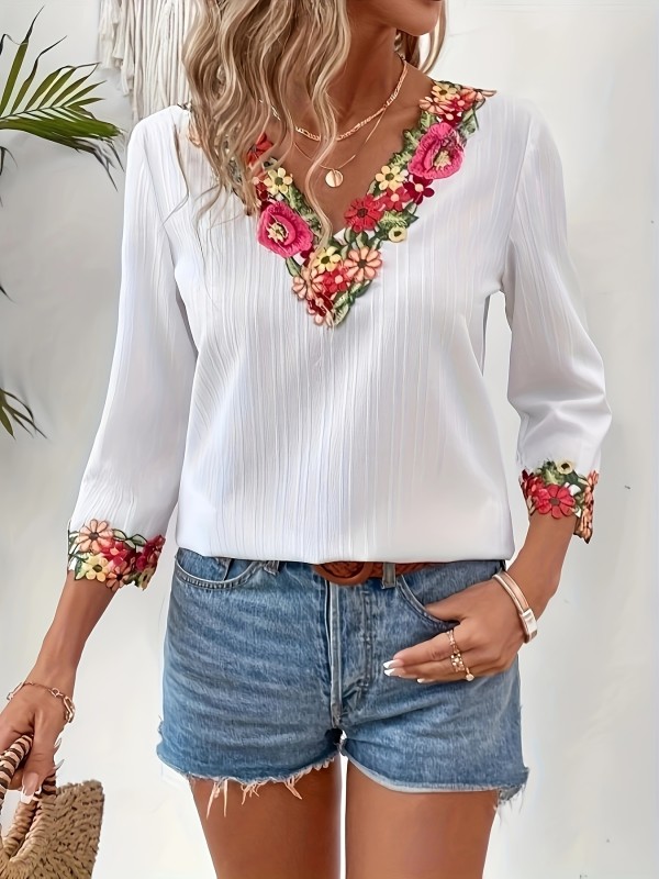 All-Season Floral Print V-Neck Shirt Elegant Floral Embroidered V-Neck Shirt for Women - Polyester Woven Casual Blouse with Frill Collar, All-Season Floral Print, Adult Fit
