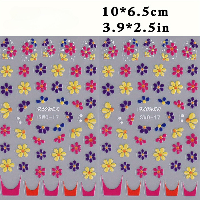 Colorful 5D Embossed Flower Nail Stickers, Semi-Glossy Irregular Fantasy Floral Nail Art Decals, Single Use DIY Self-Adhesive Summer Manicure Decor, Plastic Unscented Embroidered Sliders - 1 Sheet