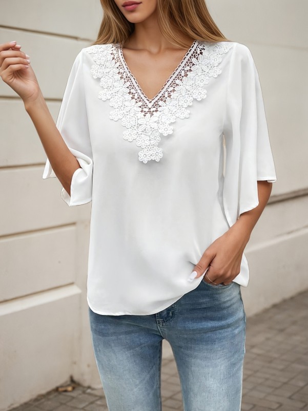 1pc Women's V-Neck Lace Trim Flared Sleeve Blouse - Lightweight Breathable Summer Top, Regular Fit White Shirt for Office, Dating & Casual Outfits, Office Wear | Nontransparent Fabric