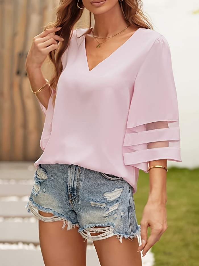New Women Plus Size Loose V Neck Tops Ladies Mesh Stitching 3\u002F4 Sleeve Casual Holiday Blouse Shirt Female Blusas Tunic Shirts Tops
