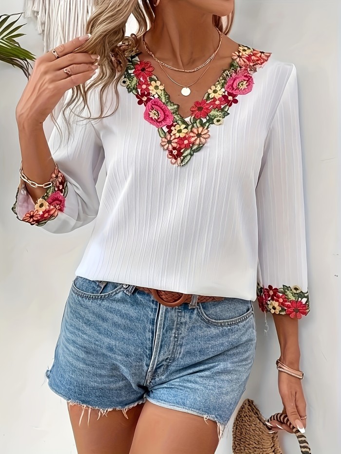 All-Season Floral Print V-Neck Shirt Elegant Floral Embroidered V-Neck Shirt for Women - Polyester Woven Casual Blouse with Frill Collar, All-Season Floral Print, Adult Fit