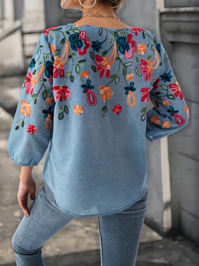 Long Sleeve Elegant Floral Blouse Elegant Embroidered Floral Blouse - Polyester & Rayon, Crew Neck, Long Sleeve, Non-Sheer - Perfect for All Seasons