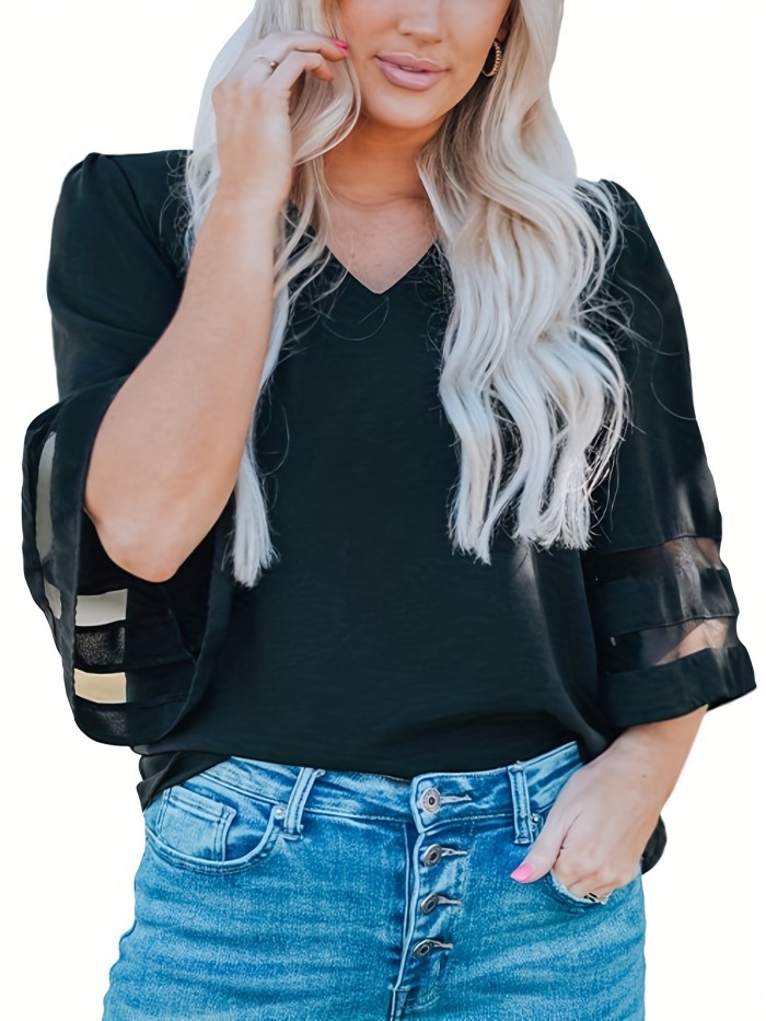 New Women Plus Size Loose V Neck Tops Ladies Mesh Stitching 3\u002F4 Sleeve Casual Holiday Blouse Shirt Female Blusas Tunic Shirts Tops