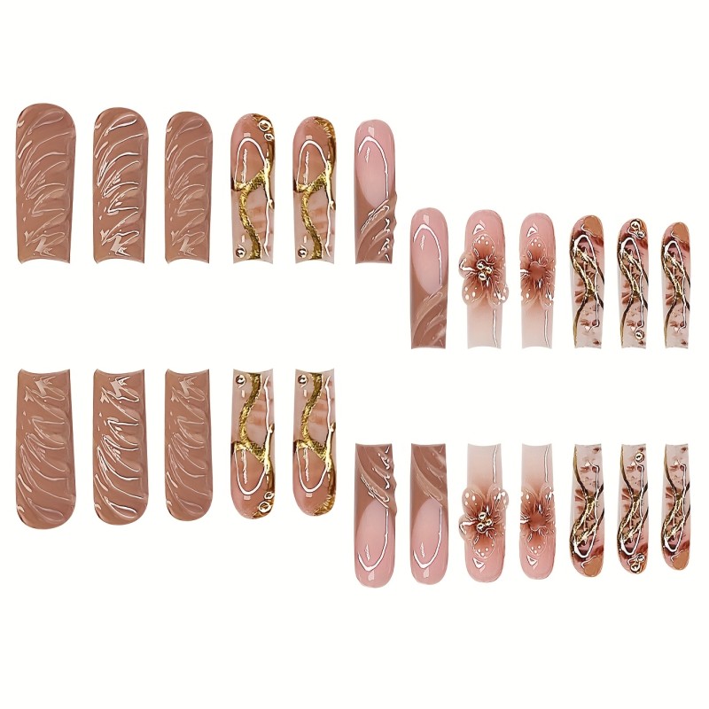 24pcs Fashionable Press-On Nails Set - Mixed Brown Tones, Golden Stripes, 3D Accents, Glossy French Tip, Includes Nail File & Jelly Glue