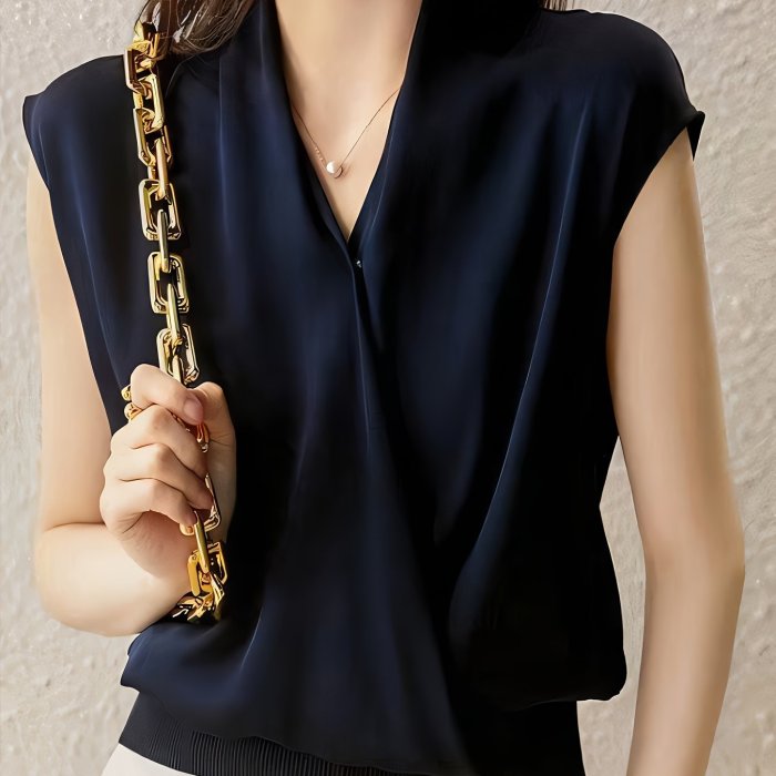 Solid Color Surplice Neck Blouse, Elegant Sleeveless French Style Blouse For Summer, Women'S Clothing
