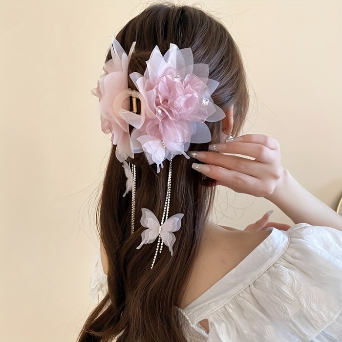 1pc Elegant Acrylic Flower Hair Claw with Rhinestone Butterfly Tassel, Sweet Style Mesh Hair Accessory, Single Piece, Middle Size, Color Matching Design