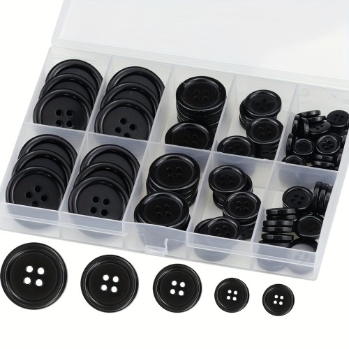 100pcs Versatile Black Resin Craft Buttons - 4-Hole, 5 Sizes, Durable & Easy-to-Use for DIY Projects, Sewing, and Holiday Decorations - Smooth Finish, Heat Resistant