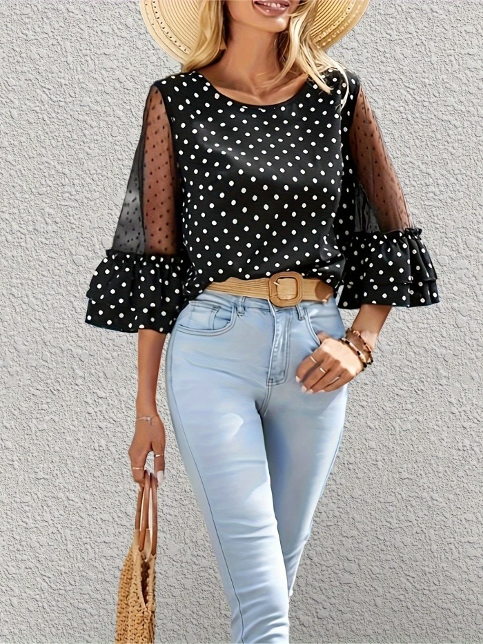 Women's Elegant Polka Dot Blouse with Sheer Mesh Bell Sleeves and Lace Detail - Crew Neck, Lightweight Polyester, Spring\u002FSummer Casual Wear