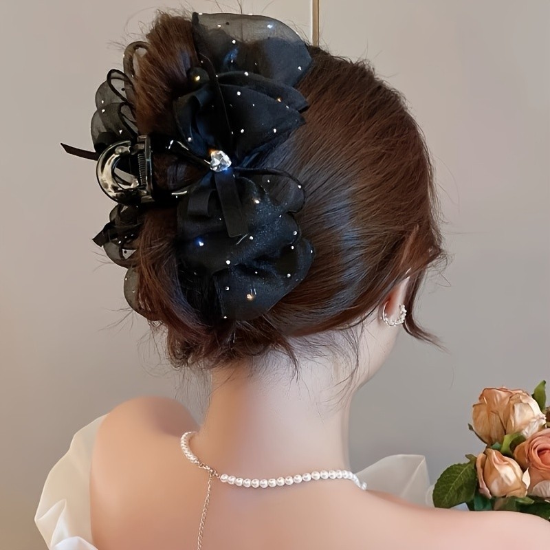 Elegant Large Butterfly Hair Clip with Heart-Shaped Rhinestone & Mesh Design - Vintage Style, Perfect for Casual Attire